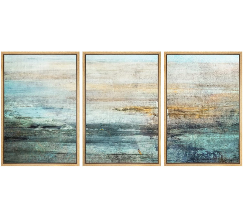 Bleu et orange, champ de couleur grunge, formes abstraites, art moderne et contemporain, 3 pièces, Cadre naturel flottant