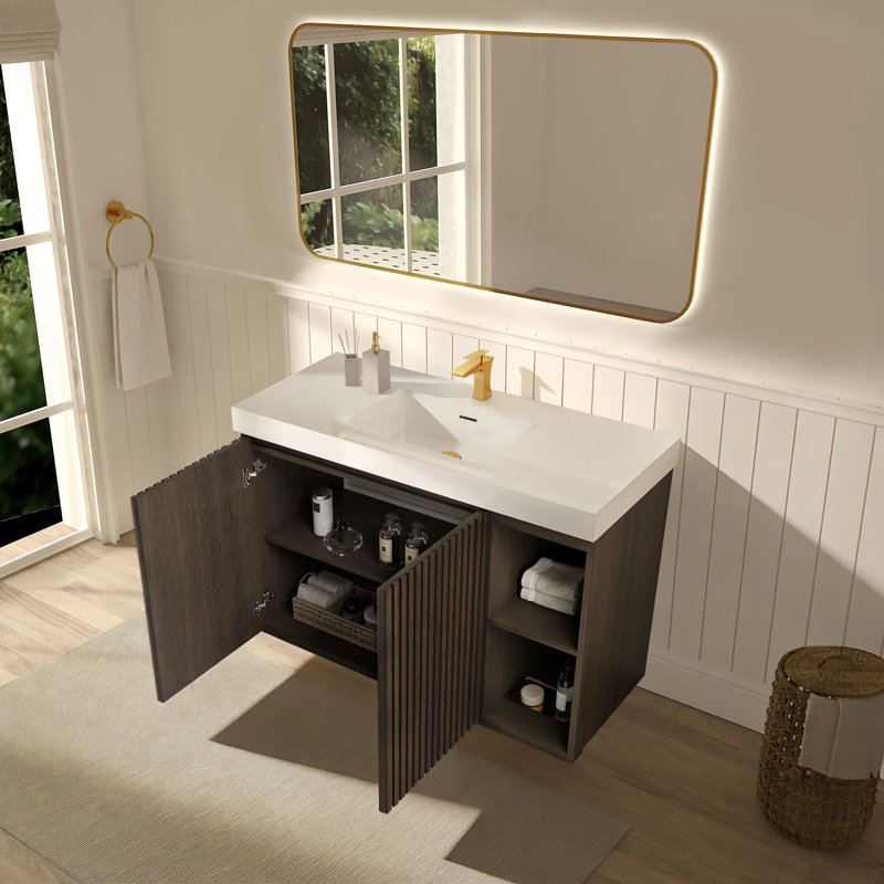 Meuble-lavabo simple 48 po avec surface solide, 48", Blanc / Brun foncé, Monotrou