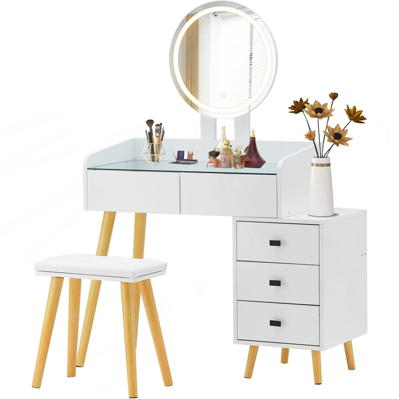 Dressing Table With LED Lights Glass Top Dressing Table With Extendable Side Table 5 Drawers Dressing Table With Mirror And Stool For Bedroom