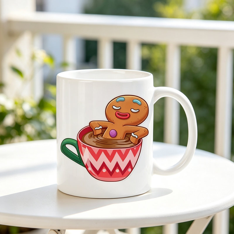 Cozy Gingerbread White Mug: Enjoy a Warm Beverage with a Festive Twist, Ceramic-printed Novelty White Mug.