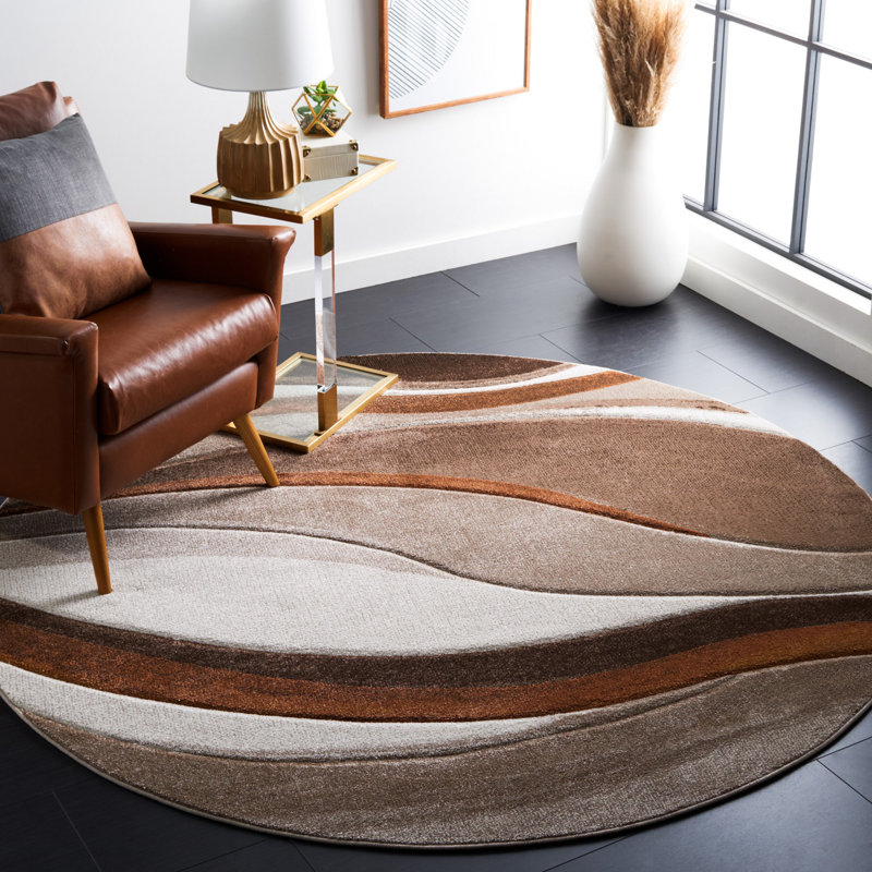 Tapis beige / brun à motif abstrait Ducor, Rond 5 pi 3 po