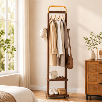 Porte-manteau à 2 étagères de rangement, cintre sur pied en bois avec roulettes, gain de place, rangement moderne pour entrée