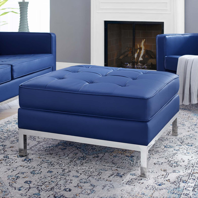 Loft Tufted Vegan Leather Ottoman, Navy Faux Leather