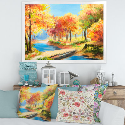 Arbres jaunes et oranges au bord de la rivière - Peinture sur toile