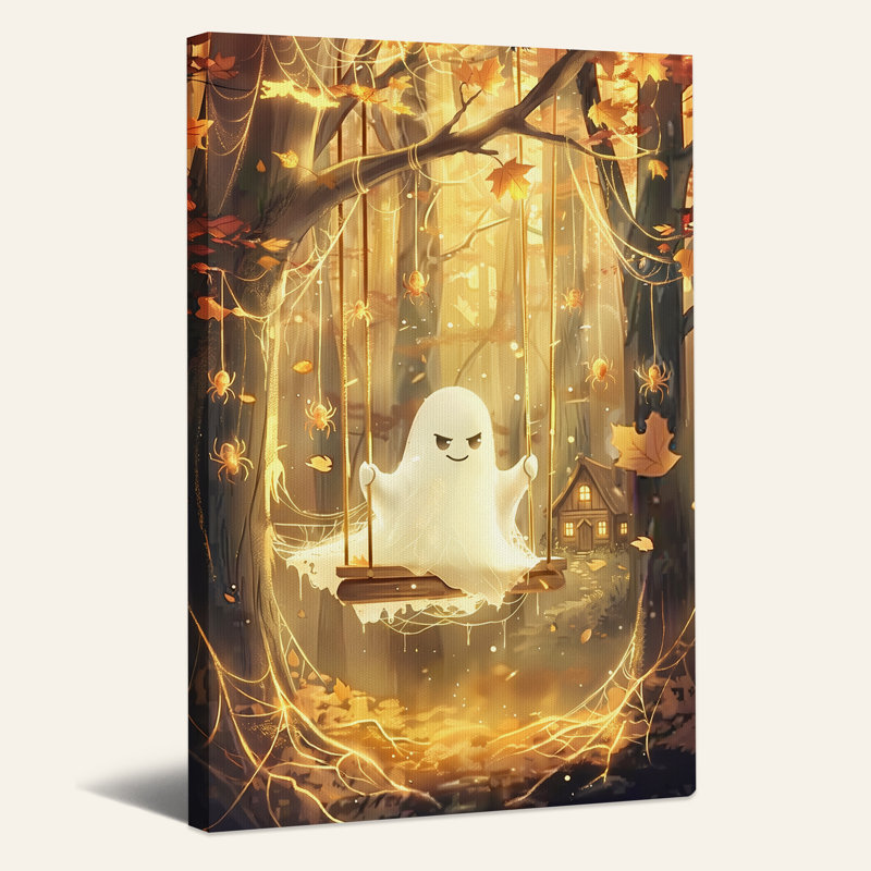 Art mural sur toile, "White Ghost On Swing In Autumn Woods with Spiders", H 48 po x l 36 po