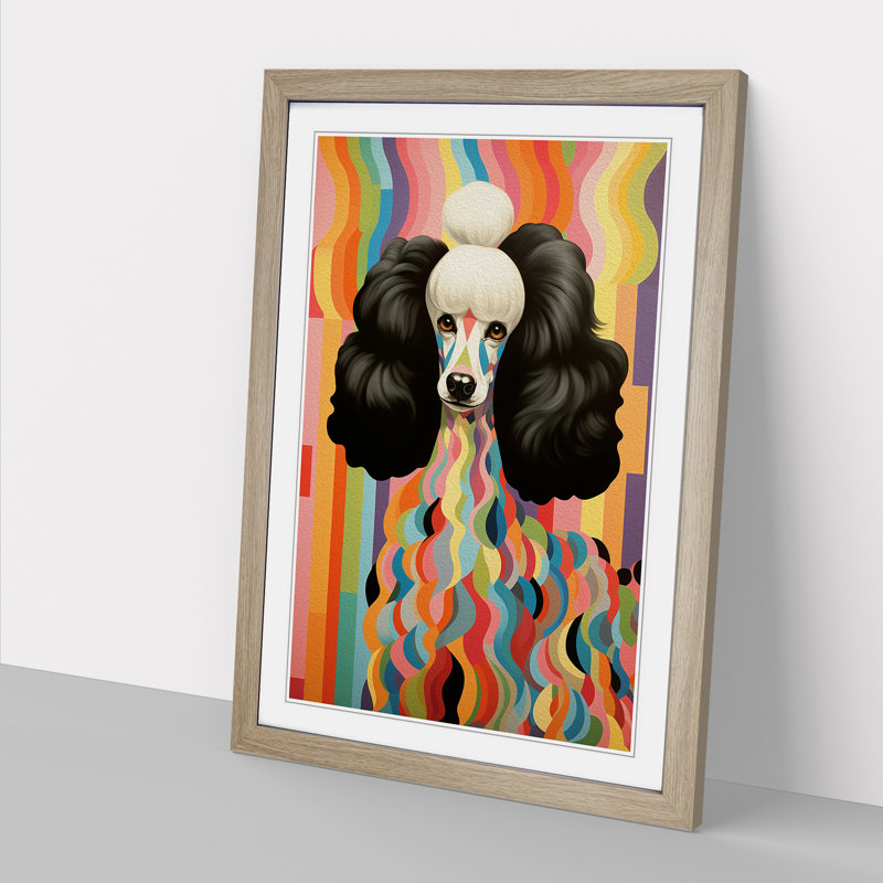 XYZ-FRM-V1223-5255 Poodle Art Deco - Single Picture Frame Print on Wood, Oak, 34cm H x 25cm W x 2cm D