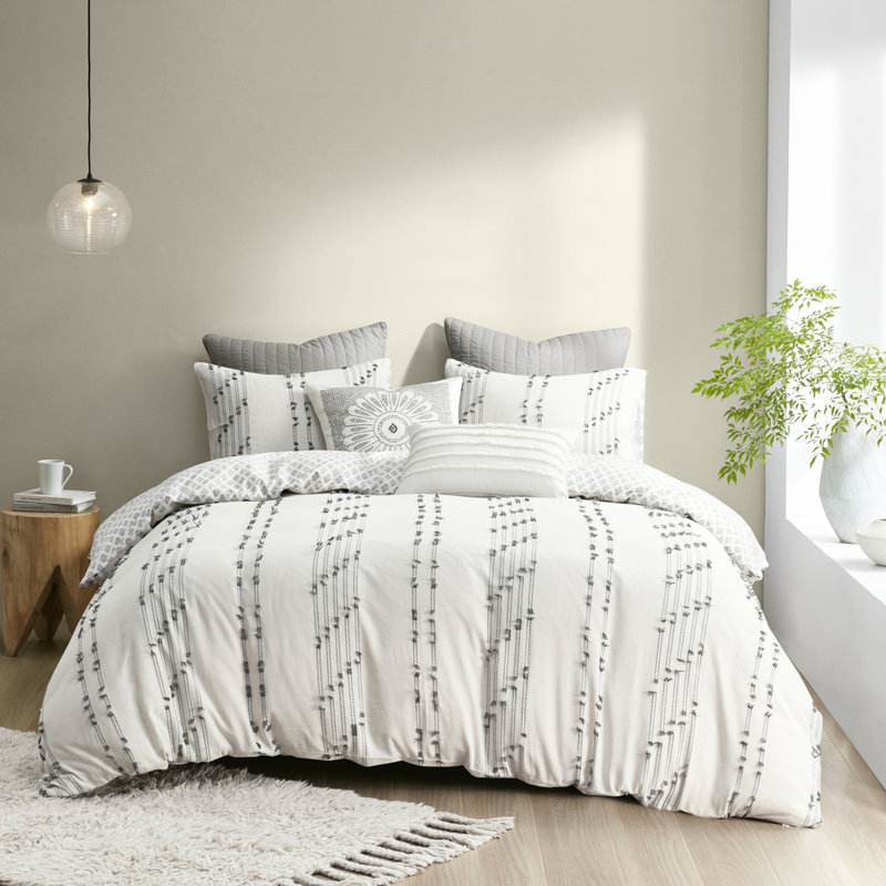 Housse de couette en coton pour lit double / grand - et thème gris, conception à nouer, réversible, lavable, literie de taille avec accents, boutonnée,,,, -,