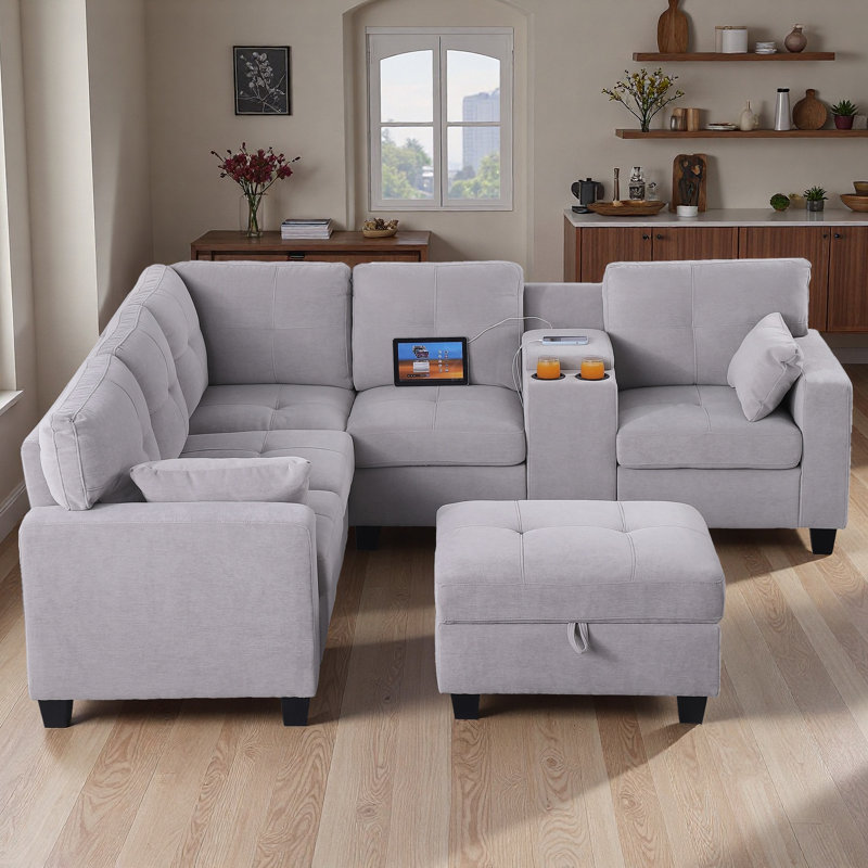 Canapé modulaire rembourré moderne avec repose-pieds, Mélange de polyester gris clair