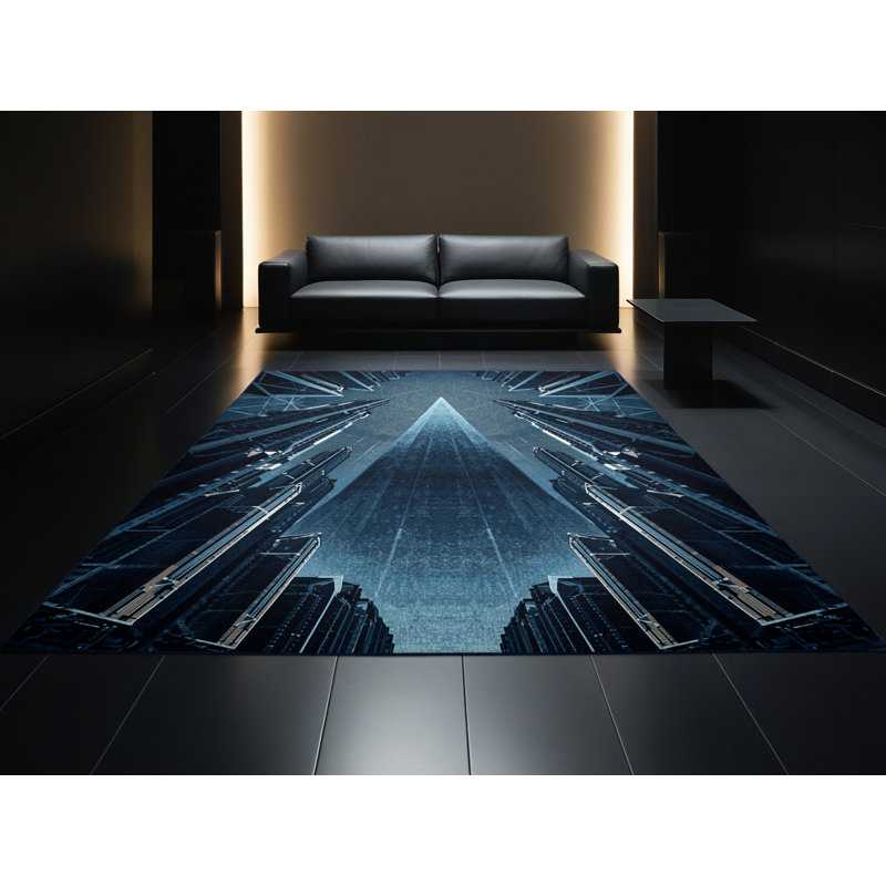 Tapis géométrique moderne lavable à la machine en bleu Alien City Warmley, 8 x 12