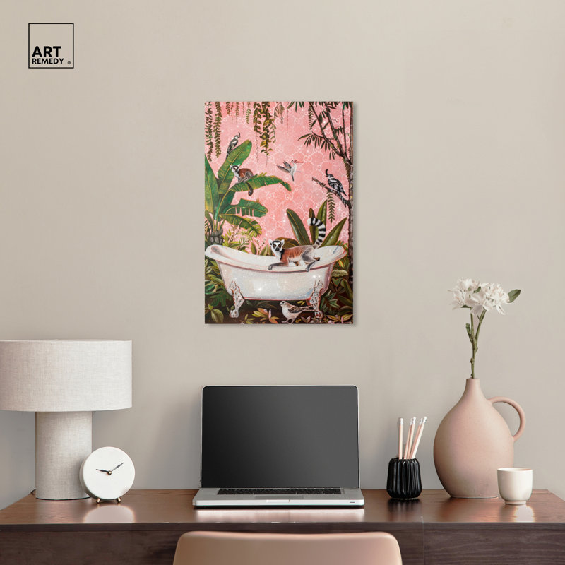 Exotic Lemur Jungle Scene Pink Canvas Wall Art