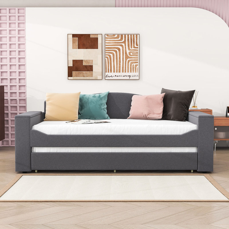 Wood Upholstered Daybed with Integrated Bluetooth Audio System, Storage Armrests and Trundle, Gray, Twin