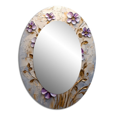 Purple Lilac Golden Flowers Melody II - Floral Oval Decorative Mirror On Metal