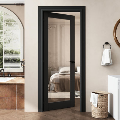32 po x 80 po 1-Dalle de porte intérieure en verre transparent noir pré-construit, comme porte pré-suspendue ou porte de grange ou porte de poche ou porte française ou dalle de porte coulissante pour garde-manger, buanderie, chambre à coucher, insonorisée et imperméable, panneau de porte sans trou ou Charnières