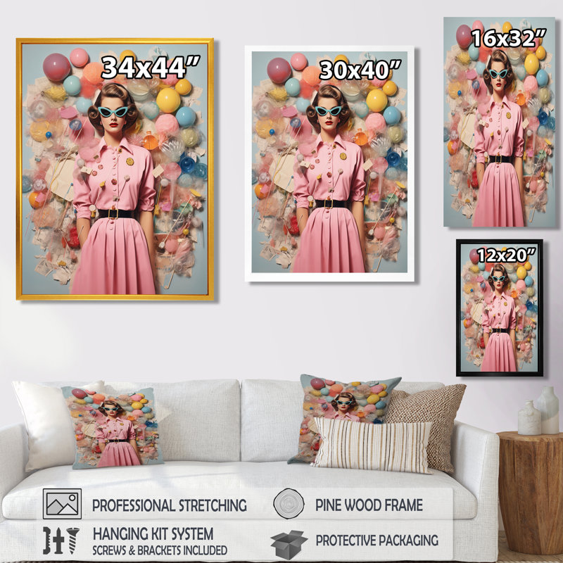 Artiste mural rétro «Fashionista» rose, H 32 po x l 24 po x P 1 po, Toile dorée avec cadre flottant