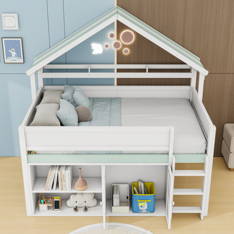 Loft Bed With Canopy Roof, Built-In Storage Cabinet And Shelves, White/Green