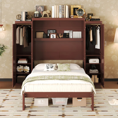 Foldable Full Size Bed, Multifunctional Platform Bedframe With 2 Wardrobes And Shelf, Walnut, Easy To Install Maintain