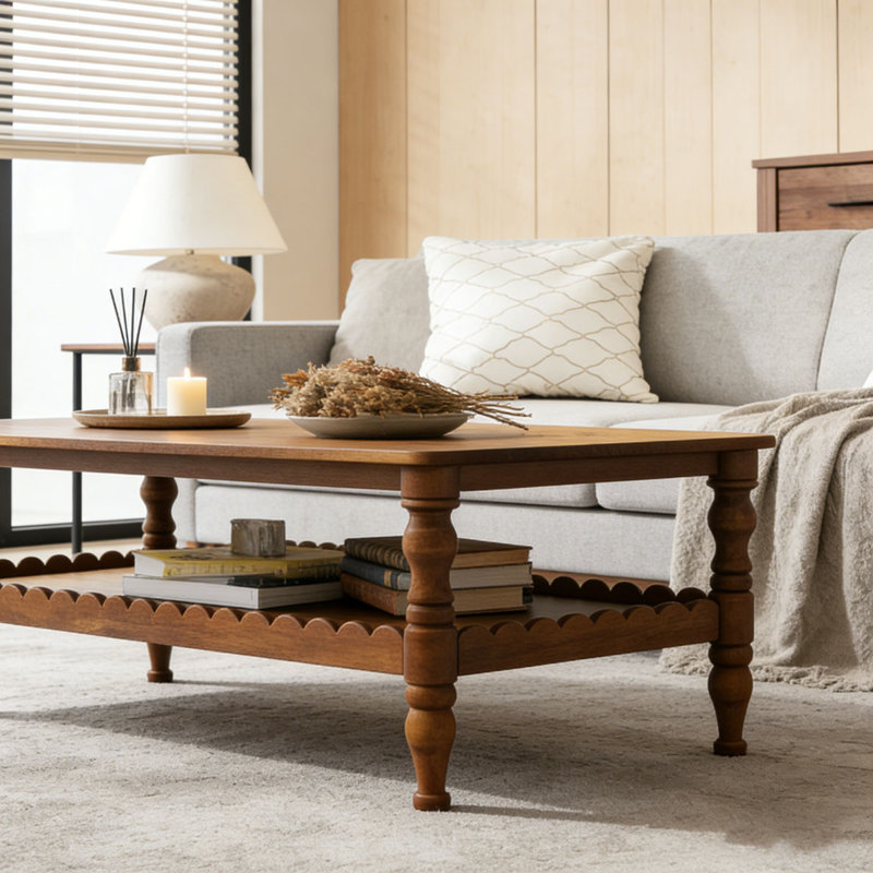 Rectangle Solid Wood Coffee Table with Storage Shelf