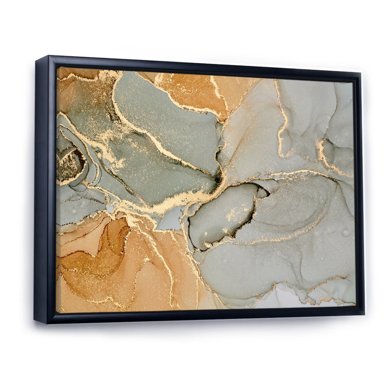 «Brown Luxury Abstract Fluid Art VI», peinture sur toile, H 30 po x l 40 po x P 1,5 po, Cadre flottant noir
