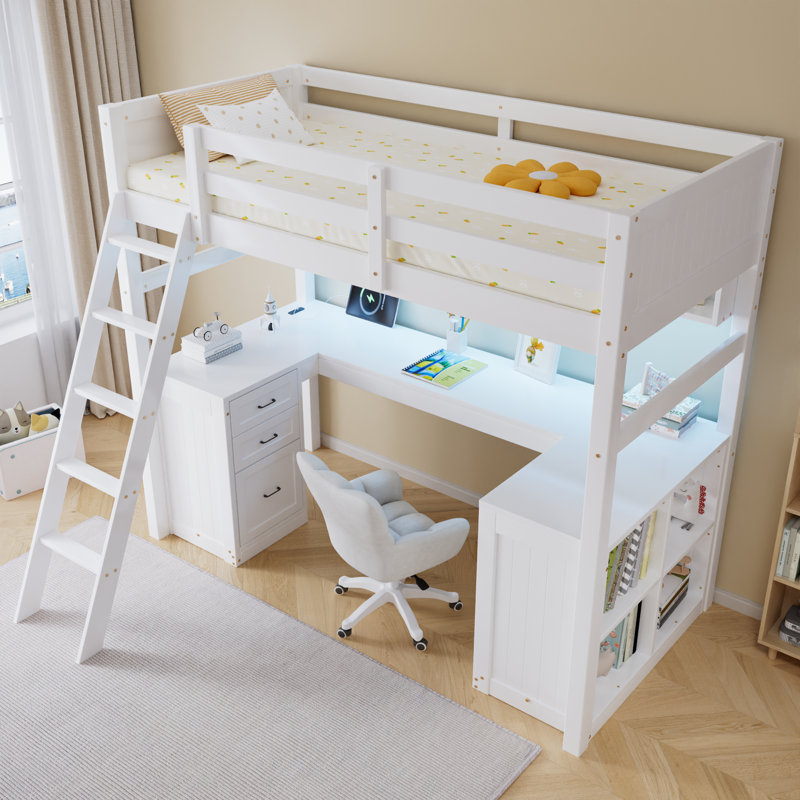 White 3ft Loft Bed with Desk, 3 Drawers, LED Lights & USB Charging