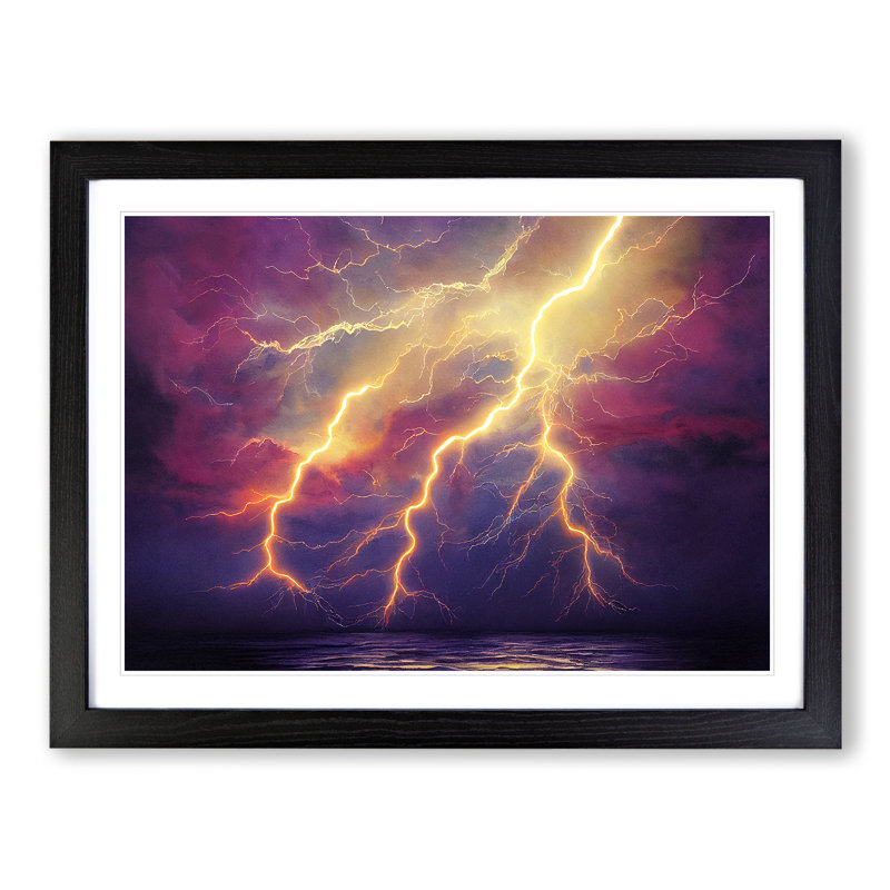 Striking Lightning Storm - Single Picture Frame Painting, 46cm H x 64cm W x 2cm D, Black