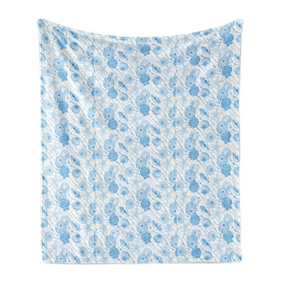 Ambesonne Pearls Fleece Throw Blanket Seashells Marine Motifs Blue White
