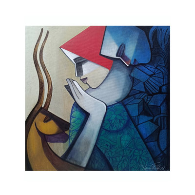 Amour entre animal et humain, peinture acrylique sur toile par Nawal Kishore - Interspecies Romance Wall Art for Boho Nature Home Decor