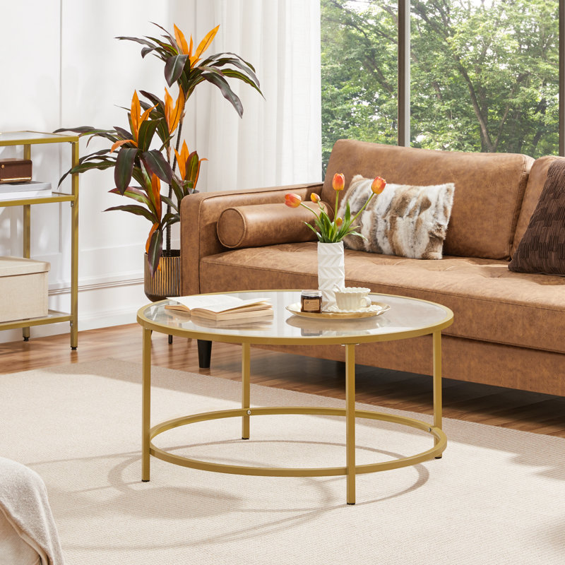 Cellestine Round Glass Coffee Table, Gold, 18" H x 36" L x 36" W