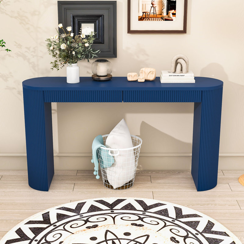 Elegant Entryway Table with Arched Legs, Striped Detailing and Hidden Storage Drawers, Navy Blue