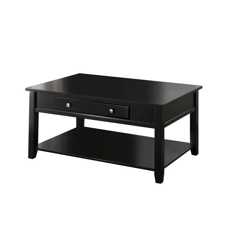 Table basse à plateau relevable en noir avec forme rectangulaire et compartiments de rangement dissimulés