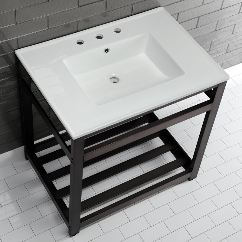 Kingston Brass Quadras 31-Inch Ceramic Console Sink with Steel Base and Shelf, White/Oil Rubbed Bronze, 8" Centers
