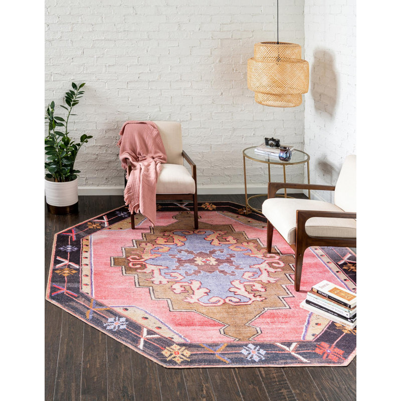 Tapis traditionnel de couleur rose-beige, Octogone 5 pi