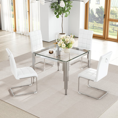 37" Square Glass Dining Table Set Of 4, Modern Tempered Glass Kitchen Table With Stainless Steel Legs For Kitchen, Living Room