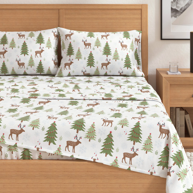 Full Size Gray Cotton Flannel Sheet Set with Deer and Trees Print