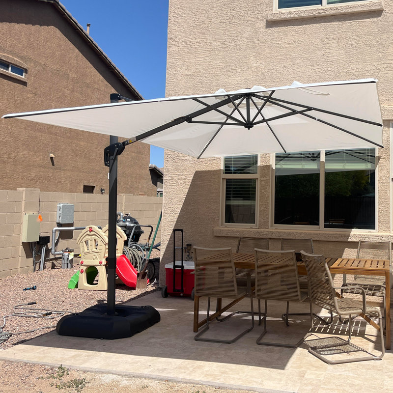 Murren Square Cantilever Umbrella Aluminum Offset with Base and 360-degree Rotation, 108" H x 120" W x 120" D, White