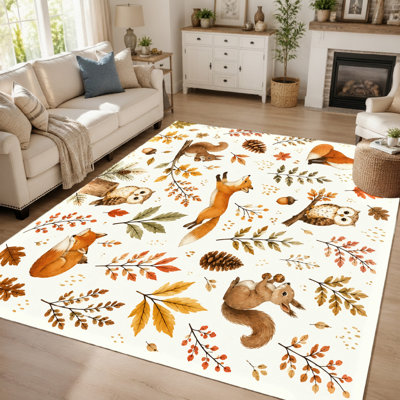 Tapis décoratif « Amis de la forêt et feuilles d'automne » (1 pièce), motif d'animaux mignons (écureuil, renard, hibou), lavable, antidérapant, doux et fin, idéal pour le salon, la chambre, la salle de jeux, la chambre d'enfant ou comme tapis de sol décoratif pour la maison.