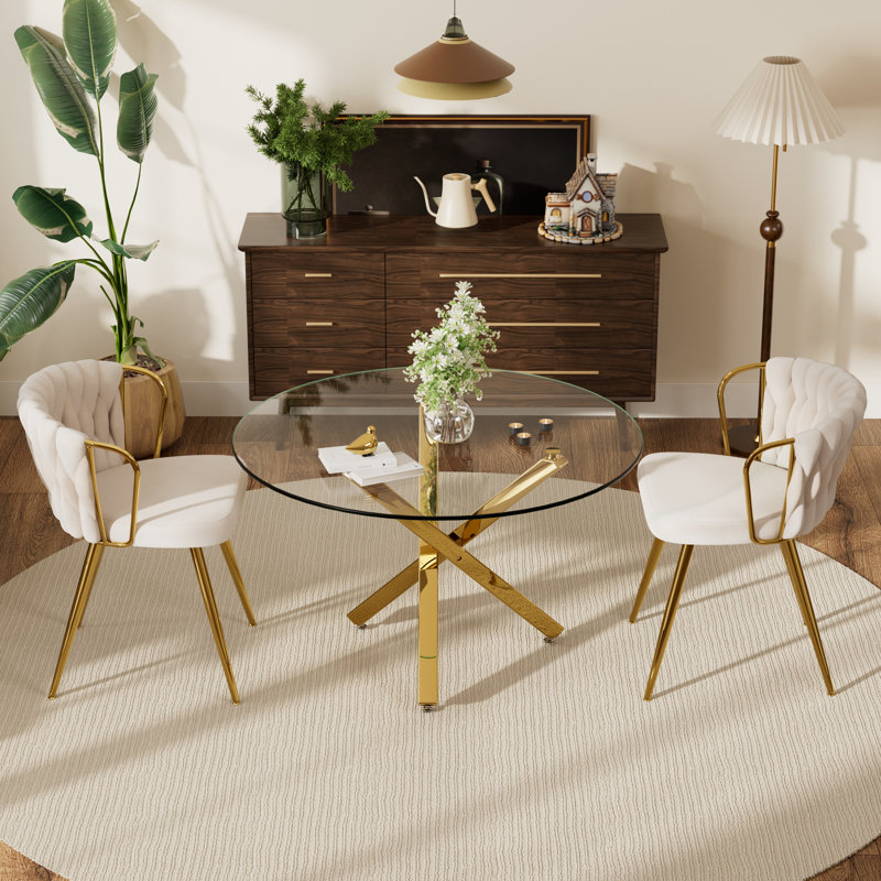Ensemble repas rond, 3 pièces: table, 2 chaises, Beige, Doré