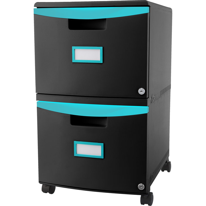  2 Drawer Mobile File Cabinet With Lock, Black & Teal, Teal