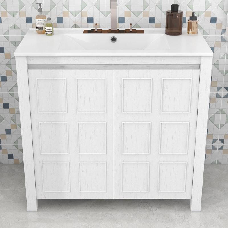 Meuble-lavabo en bois avec lavabo et tablette réglable, Blanc antique
