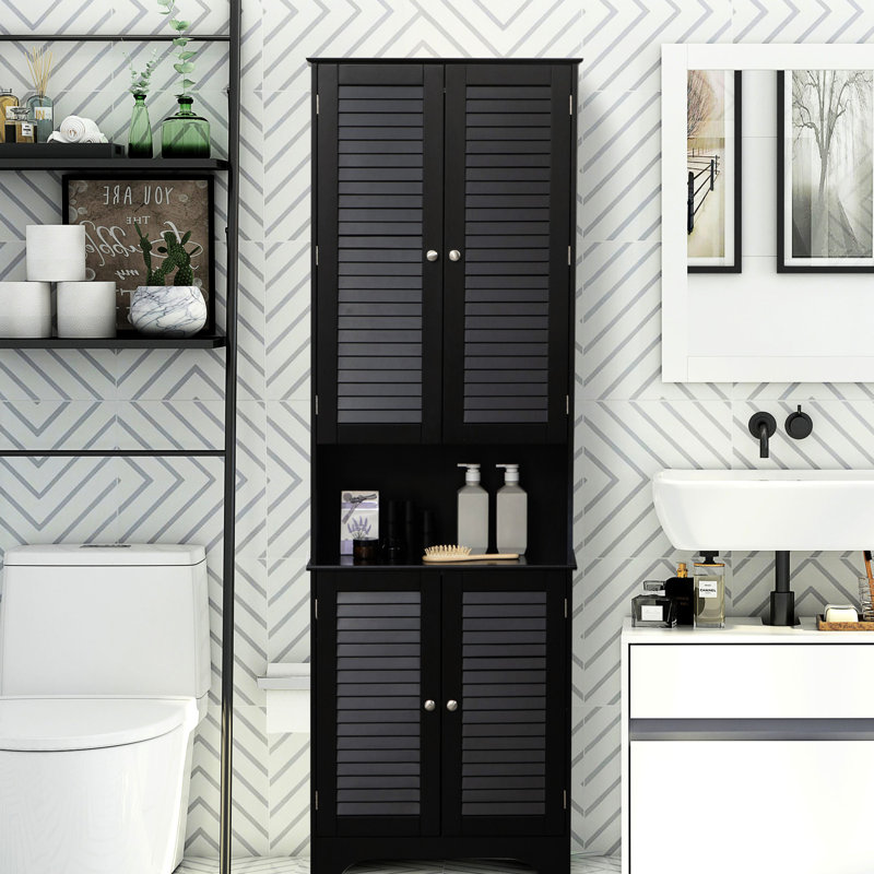 Rangement autoportant noir pour salle de bain - Grande armoire étroite avec portes, tablette réglable et comptoir pour la salle de bain, le salon, le bureau, le réglage des portes d'entrée compactes