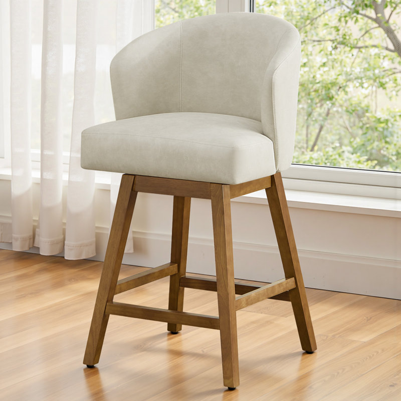 360° Swivel Upholstered Bar Stool With Solid Rubberwood Base, Spring-Cushioned Comfort, 350 Lb Capacity, Cream