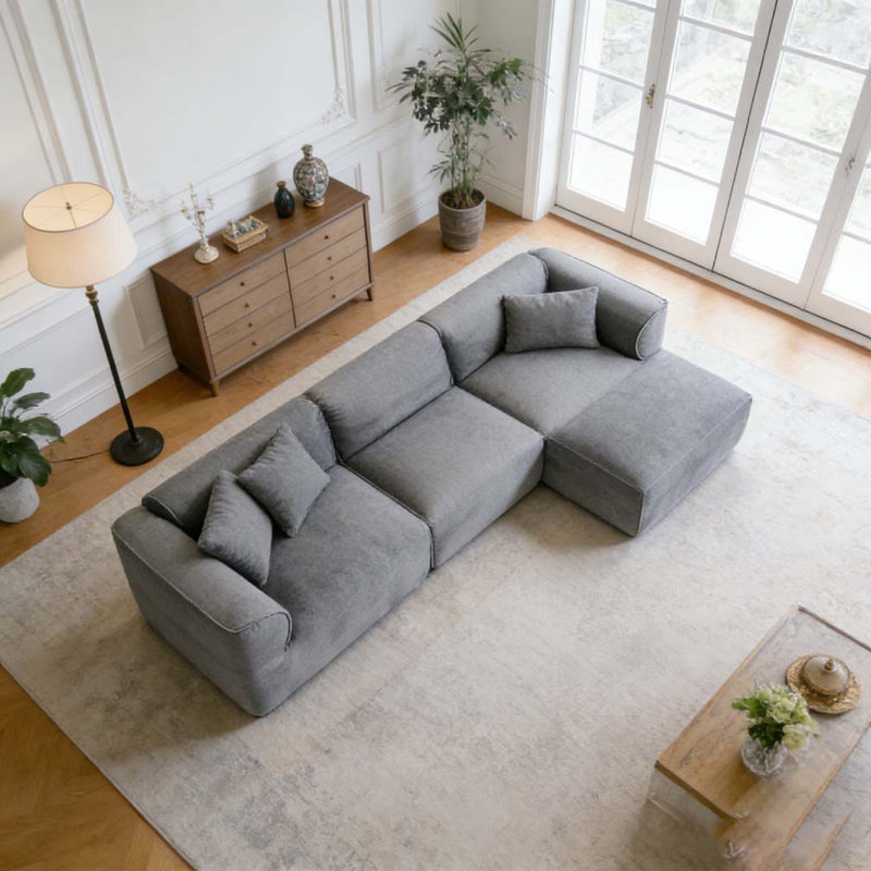 Canapé en velours 4 places avec coussins de siège en éponge pure et repose-pieds amovible, Gris