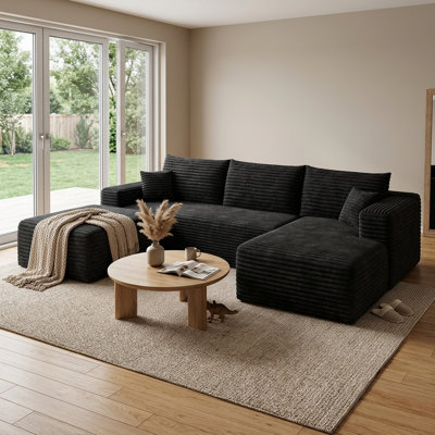 Canapé d'angle en velours côtelé de 241 cm de large avec méridienne et pouf amovible, canapé Cloud 3 places à assise profonde, aucun assemblage requis