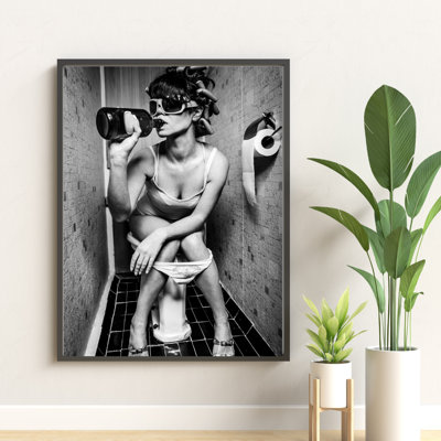 Woman Drinking On Toilet - No Frame Print