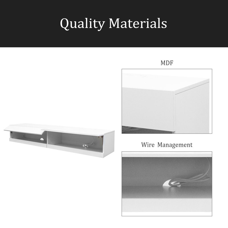 180 Wall Mounted Floating 80" TV Stand With 20 Color Leds And Charging Station, White