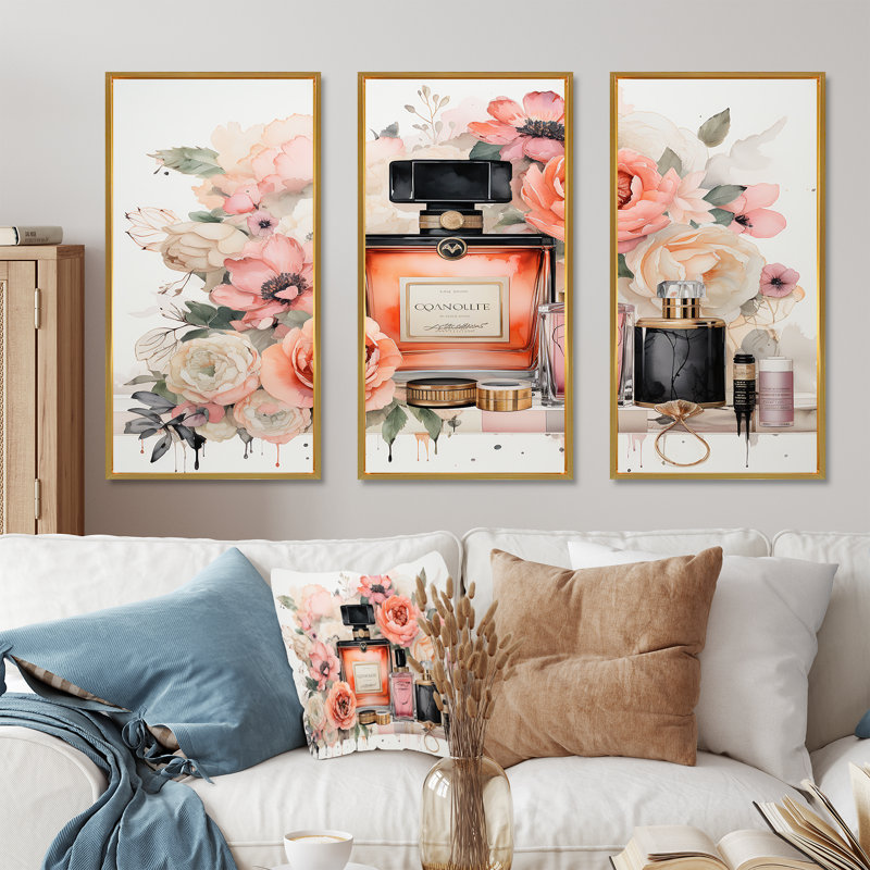 «Pink Fragrant Impressions Perfumes», art mural parfums, Cadre flottant doré, H 32 po x l 48 po