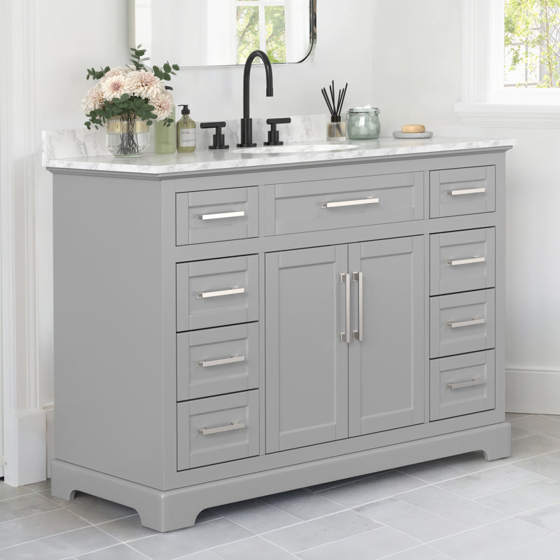 Meuble-lavabo simple avec plateau en faux marbre Clauson, Grey/Silver