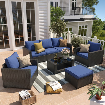 Ensemble de canapé modulaire d'extérieur en osier 7 pièces avec table basse en verre - Mobilier de patio résistant aux intempéries pour des aménagements flexibles