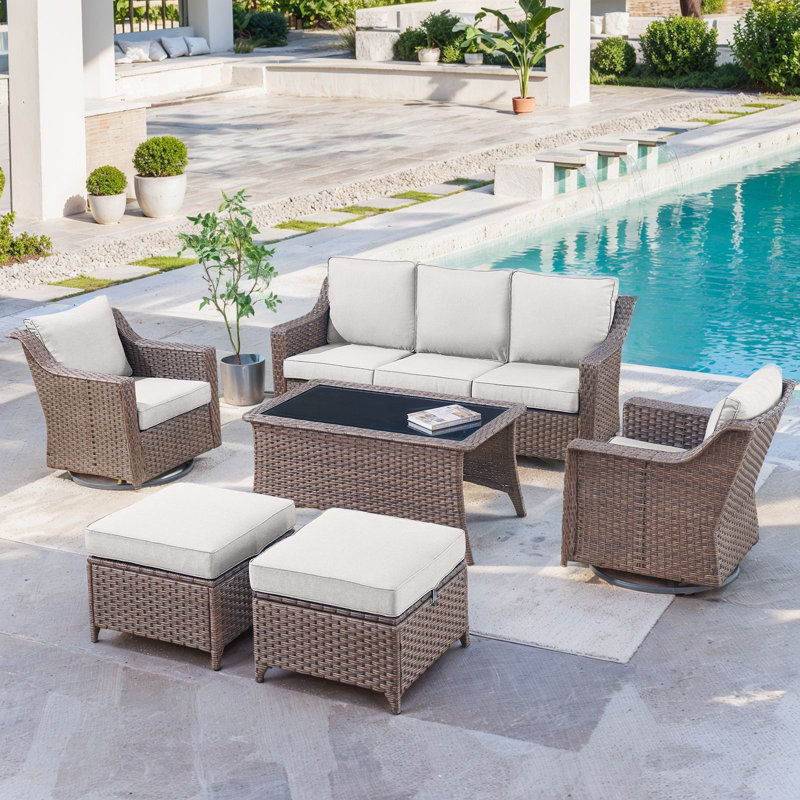 Jenesys 6-Piece Outdoor Wicker Furniture Set With Sofa, Swivel Chairs & Coffee Table, Beige