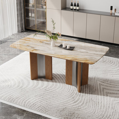 Table de salle à manger de 63 po de luxe à dessus en pierre pour 4 à 6 personnes, table de cuisine rectangulaire avec base en bois bi-matière et acier inoxydable