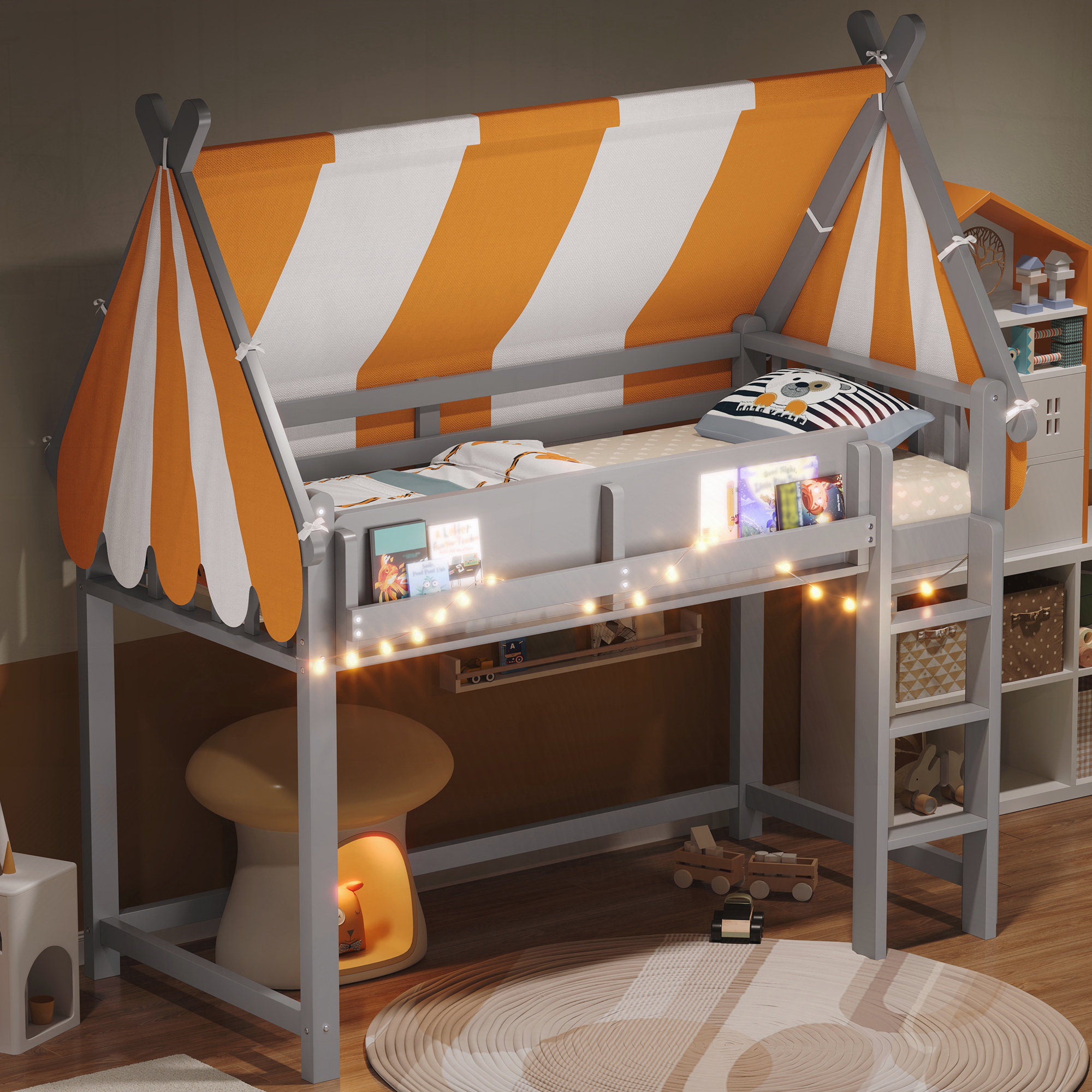 Ebern Designs Loft Bed With Canopy, LED Lights & Book Shelf - Wayfair ...